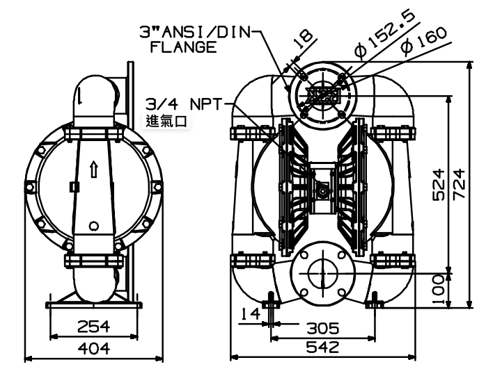 BSK3英吋不鏽鋼氣動雙隔膜泵浦-外觀尺寸圖