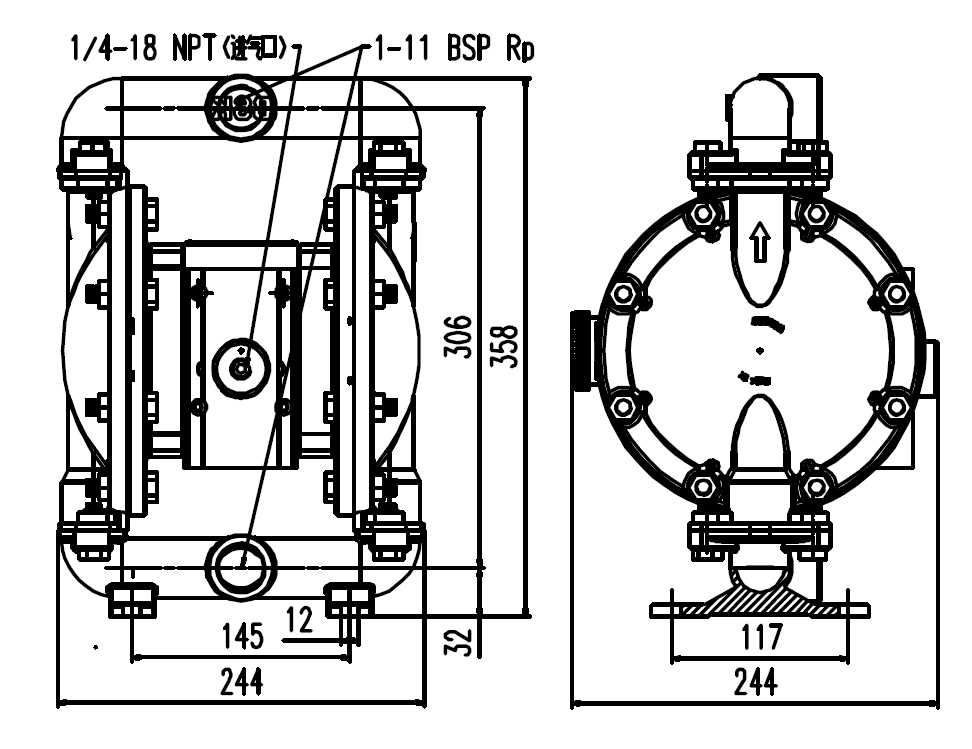 BSK1英吋不鏽鋼氣動雙隔膜泵浦-外觀尺寸圖