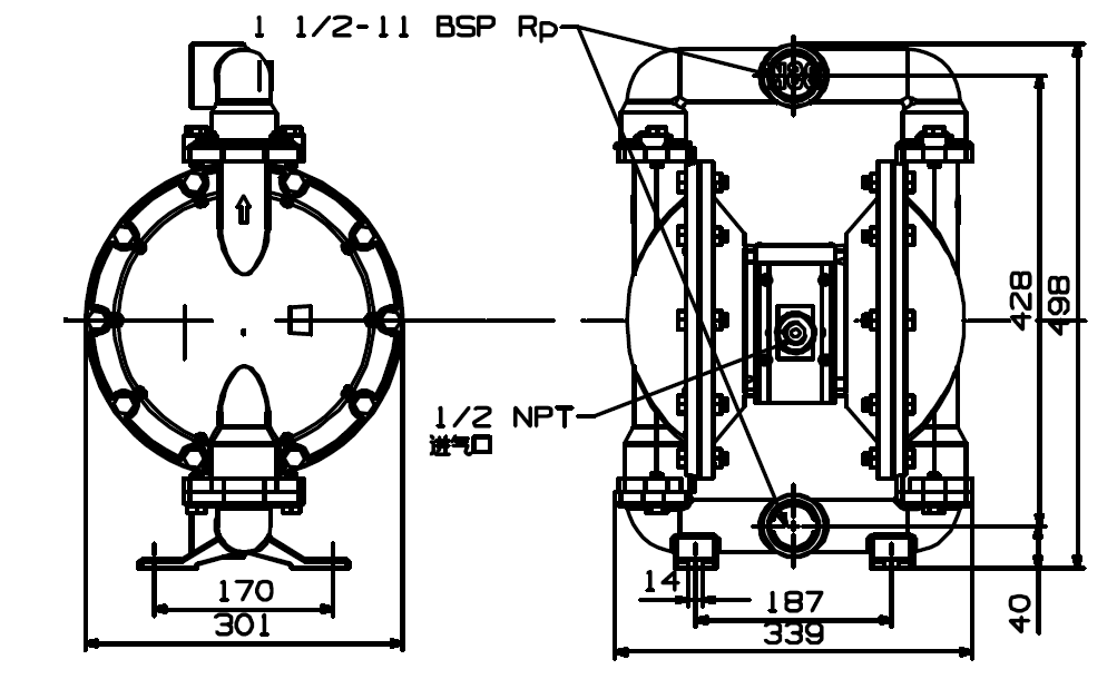BSK1.5英吋不鏽鋼氣動雙隔膜泵浦-外觀尺寸圖