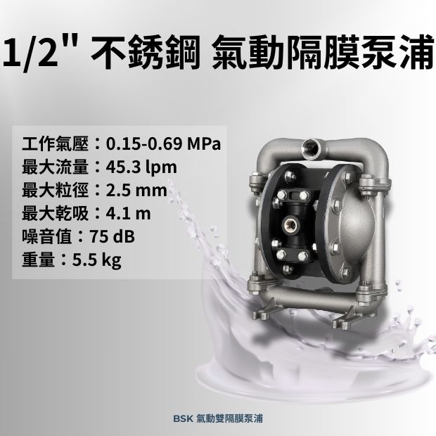 BSK 1/2 英吋不銹鋼材質氣動雙隔膜泵浦