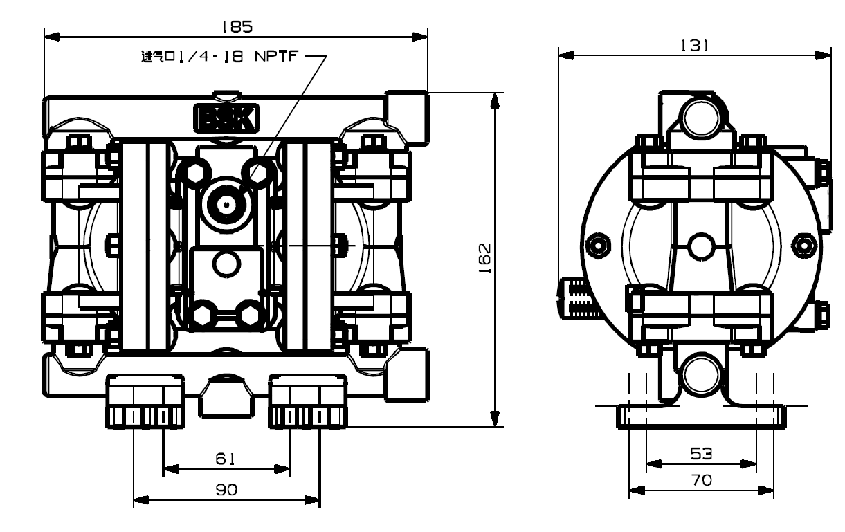 BSK 1/4英吋PP材質氣動雙隔膜泵浦-外觀尺寸圖