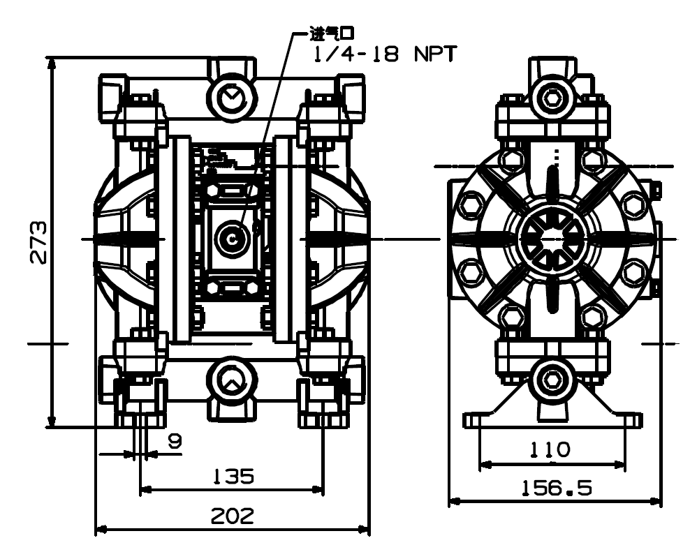 BSK 1/2英吋PP材質氣動雙隔膜泵浦-外觀尺寸圖