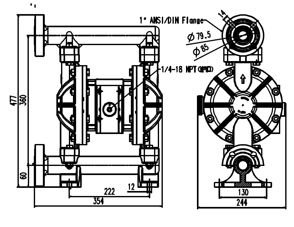 BSK1英吋不鏽鋼氣動雙隔膜泵浦-外觀尺寸圖