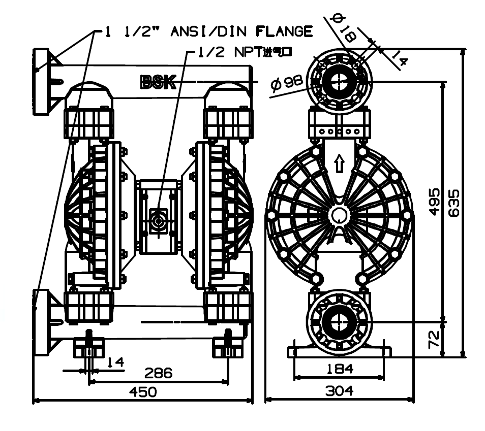 BSK1.5英吋PP材質氣動雙隔膜泵浦-外觀尺寸圖