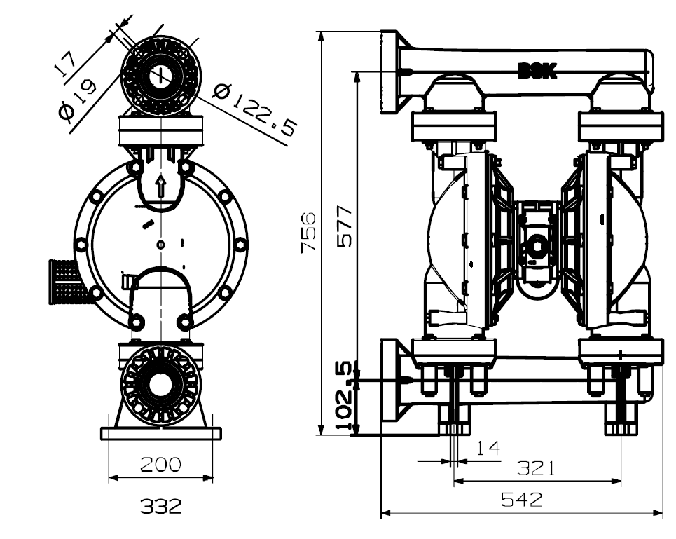 BSK2英吋PP材質氣動雙隔膜泵浦-外觀尺寸圖