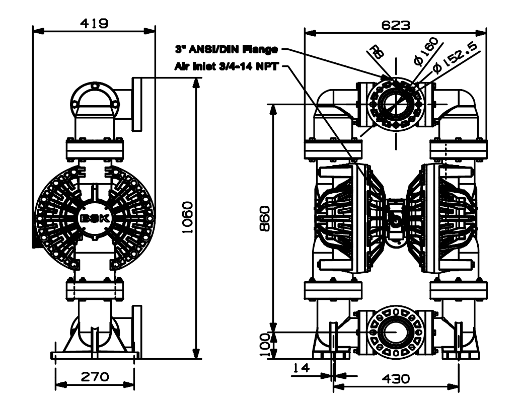BSK3英吋PP材質氣動雙隔膜泵浦-外觀尺寸圖