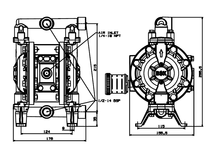 BSK 1/2英吋鋁合金氣動雙隔膜泵浦-外觀尺寸圖