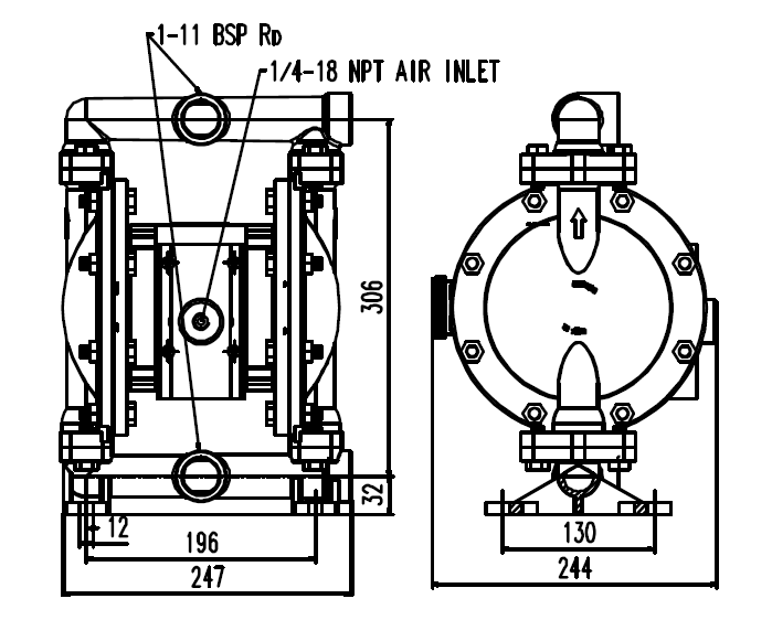 BSK1英吋鋁合金氣動雙隔膜泵浦-外觀尺寸圖
