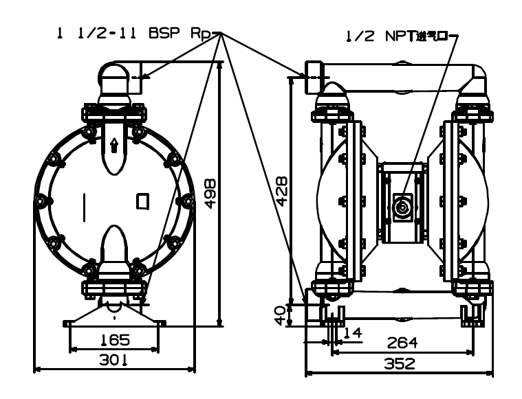 BSK1.5英吋鋁合金氣動雙隔膜泵浦-外觀尺寸圖