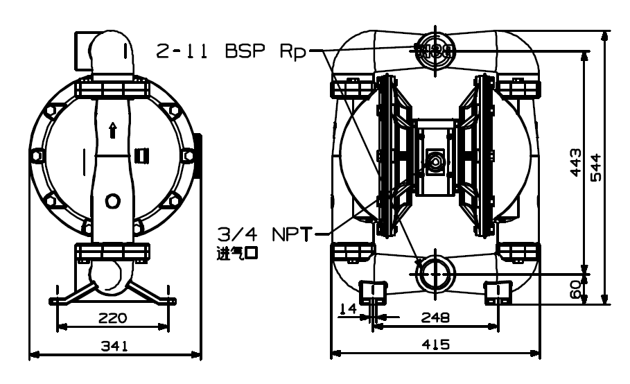 BSK2英吋鋁合金氣動雙隔膜泵浦-外觀尺寸圖