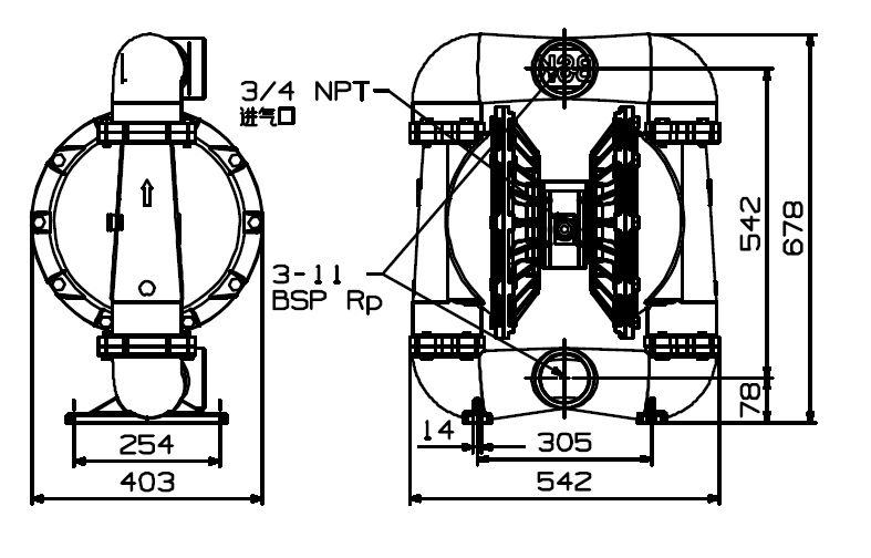 BSK3英吋鋁合金氣動雙隔膜泵浦-外觀尺寸圖