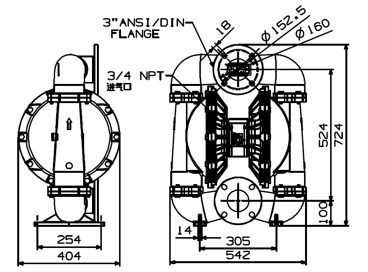 BSK3英吋鑄鐵氣動雙隔膜泵浦-外觀尺寸圖