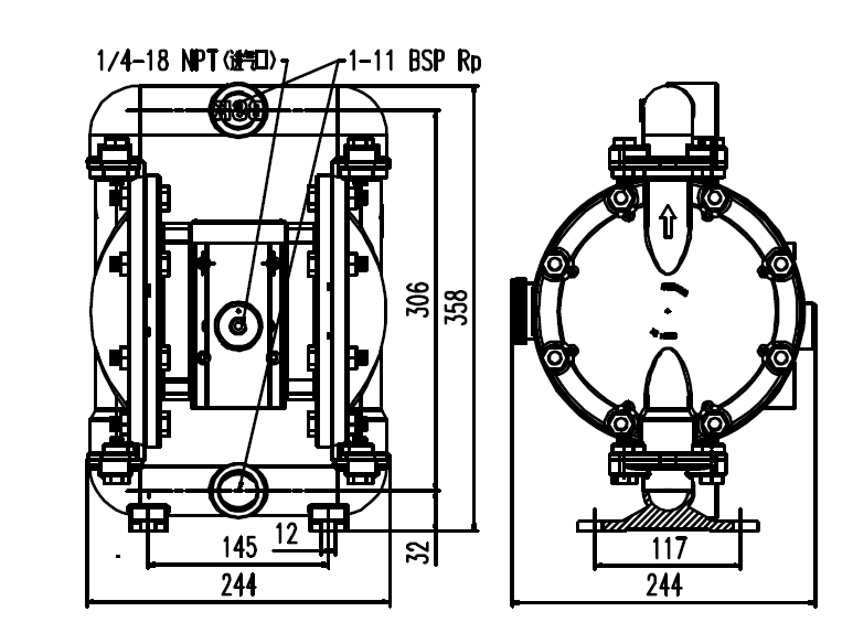 BSK1英吋鑄鋼氣動雙隔膜泵浦-外觀尺寸圖