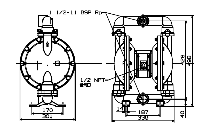 BSK1.5英吋鑄鋼氣動雙隔膜泵浦-外觀尺寸圖