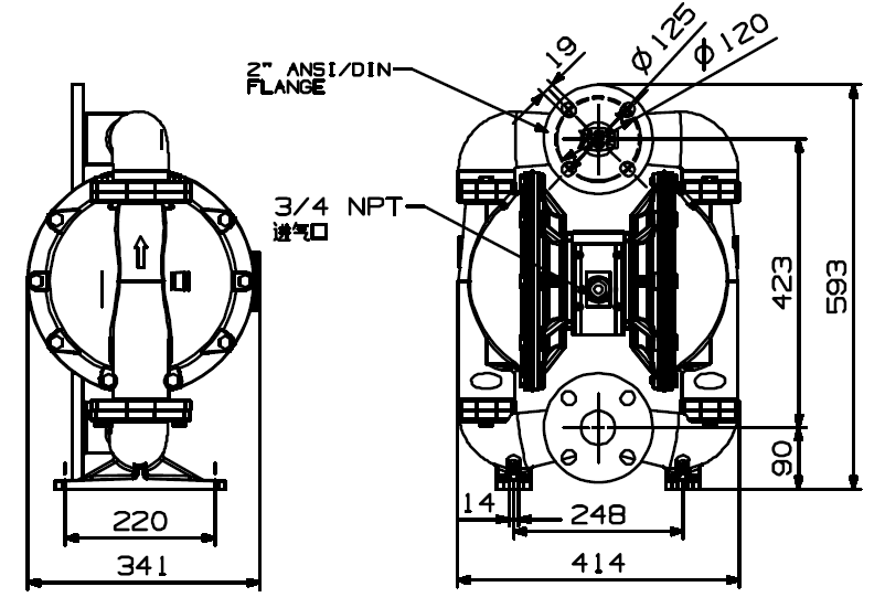 BSK2英吋鑄鐵氣動雙隔膜泵浦-外觀尺寸圖