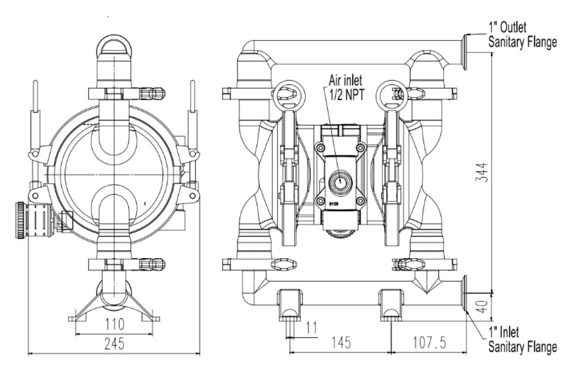 1英吋 FDA 食品級 氣動雙隔膜泵浦外形尺寸圖