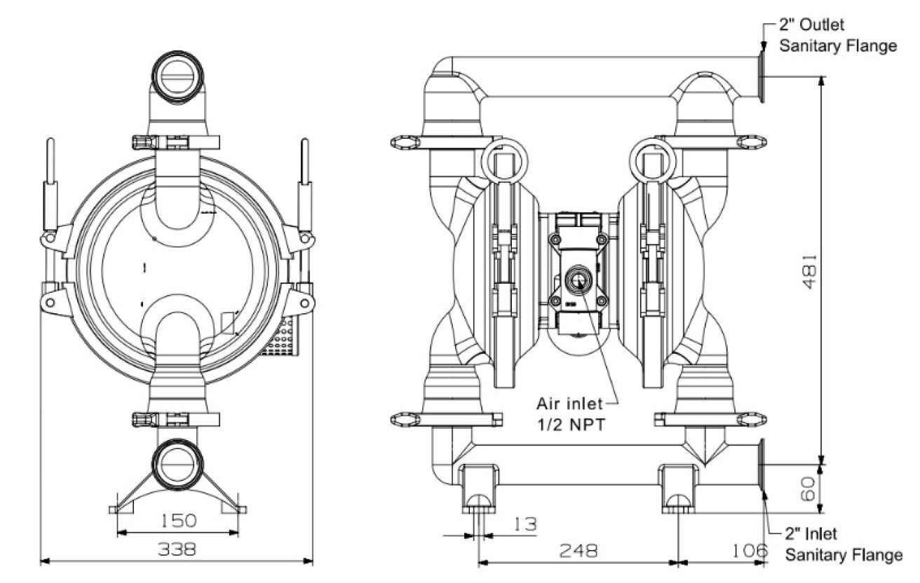 2英吋 FDA 食品級 氣動雙隔膜泵浦外形尺寸圖