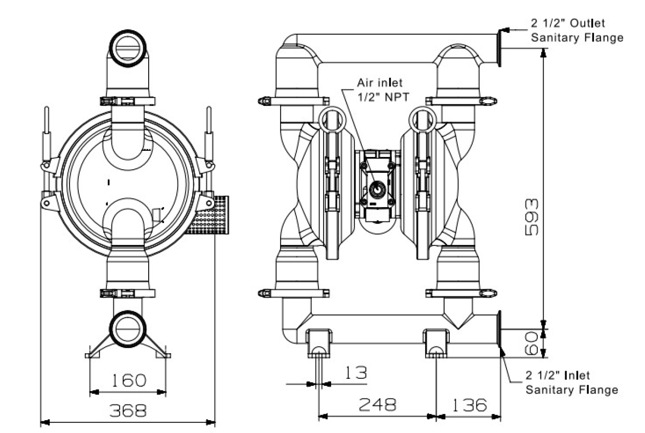 2.5英吋 FDA 食品級 氣動雙隔膜泵浦外形尺寸圖