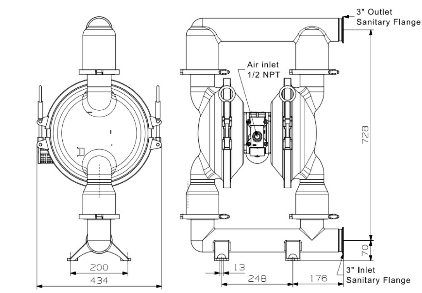 3英吋 FDA 食品級 氣動雙隔膜泵浦外形尺寸圖