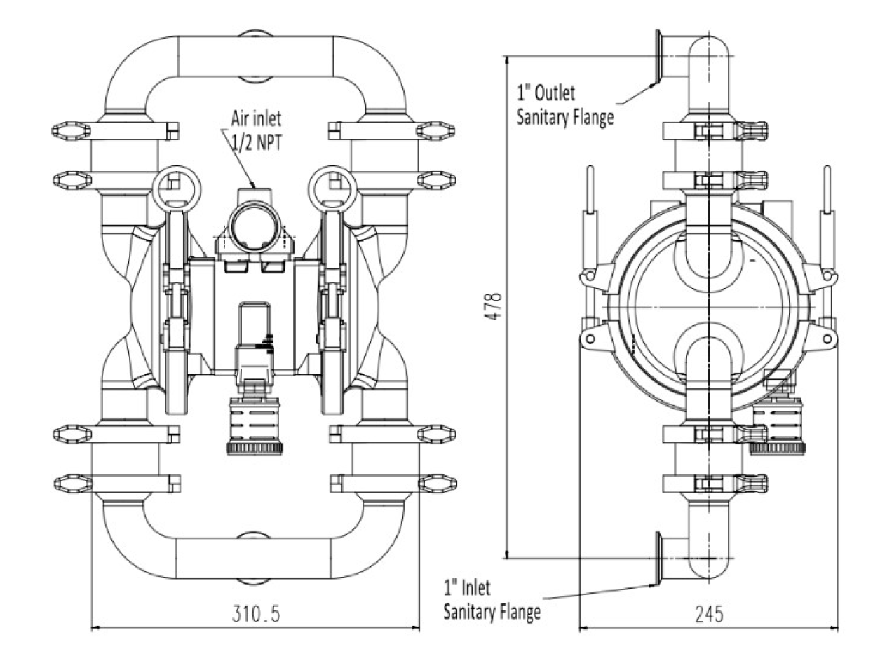 1英吋 3A 食品級 氣動雙隔膜泵浦外形尺寸圖