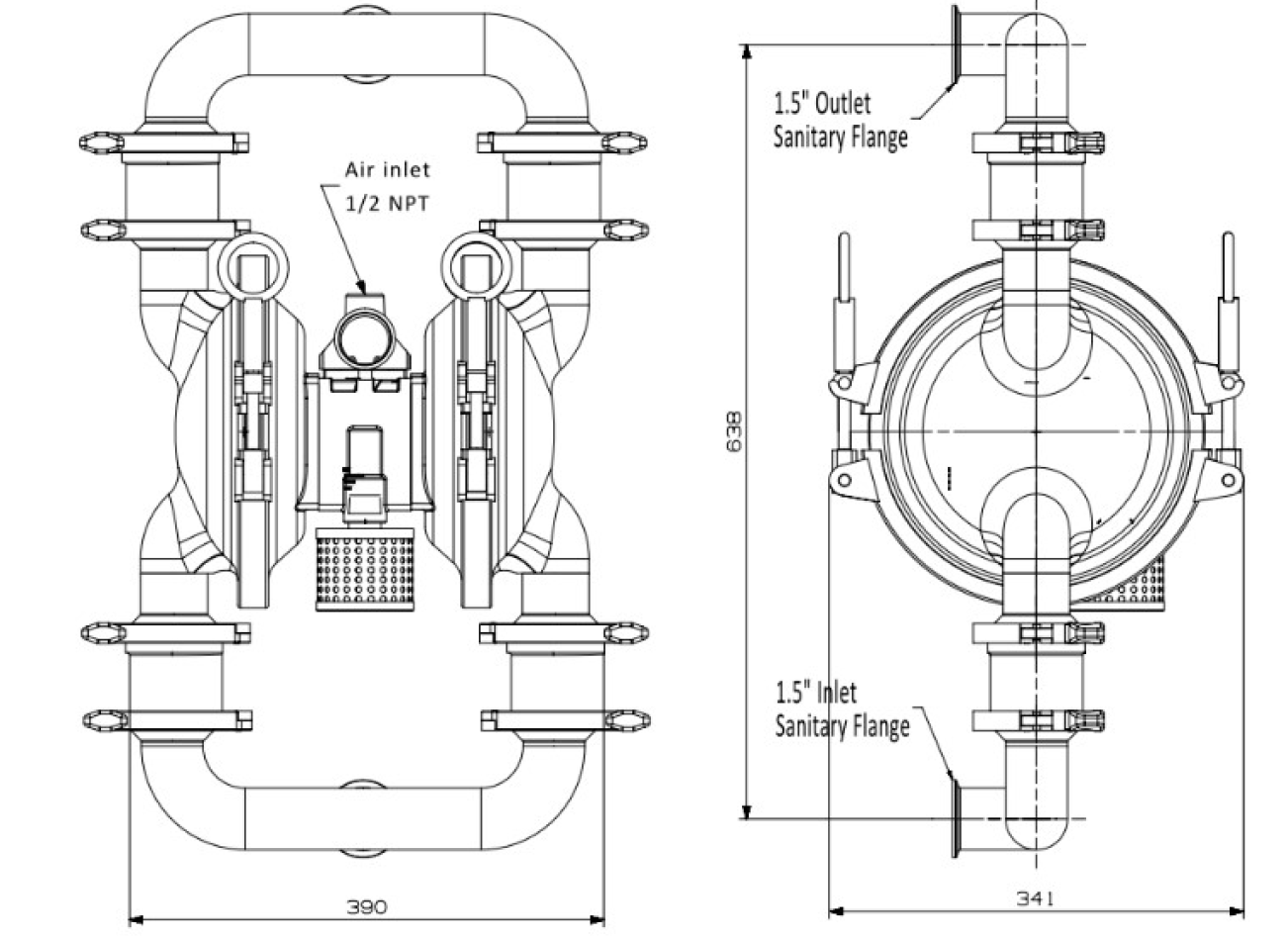 1.5英吋 3A 食品級 氣動雙隔膜泵浦外形尺寸圖