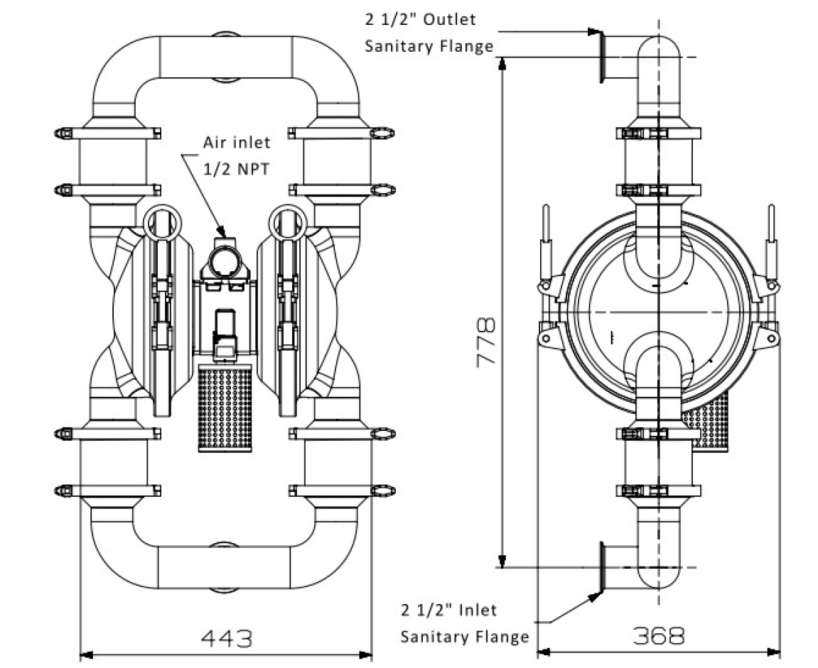 2.5英吋 3A 食品級 氣動雙隔膜泵浦外形尺寸圖